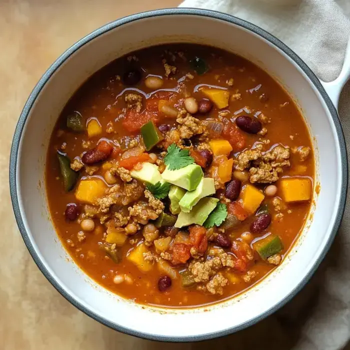 A comforting chili bowl featuring tender beef, beans, tomatoes, and pumpkin, topped with fresh avocado and cilantro sprigs.