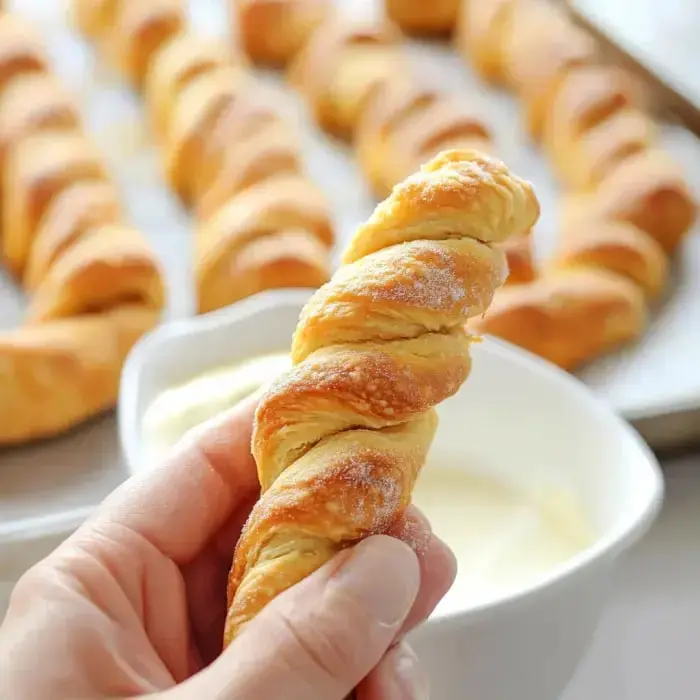 A twisted pastry being held over a creamy dip, surrounded by more pastries.