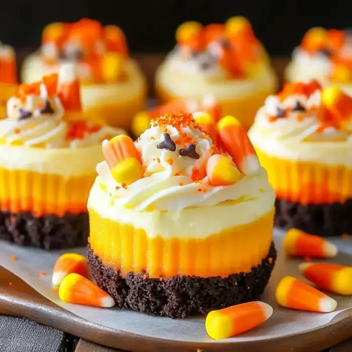 A close-up of layered cheesecake cups with bold orange and yellow colors, topped with whipped cream, sprinkles, and candy corn pieces.
