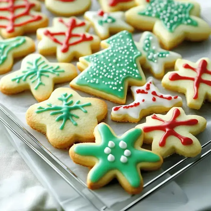 A colorful assortment of Christmas cookies shaped like trees, snowflakes, and stars, decorated with icing and sprinkles.