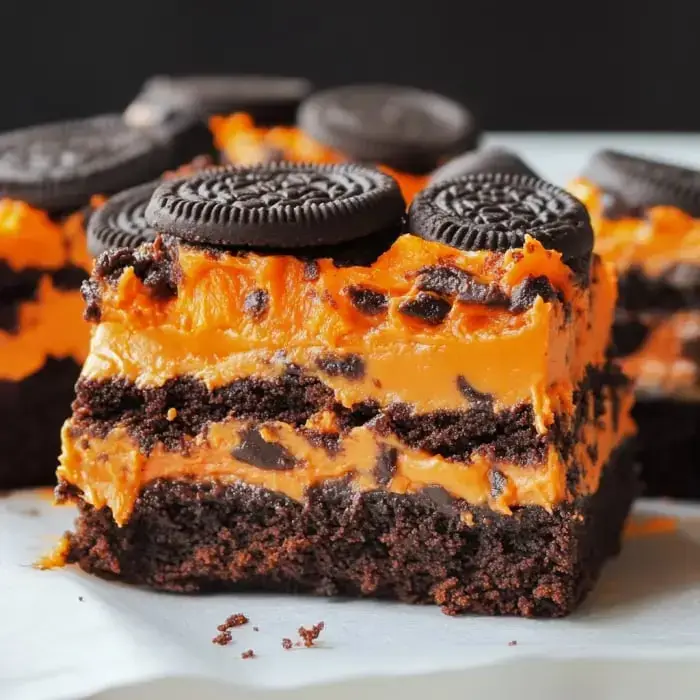 Zoomed-in view of brownies featuring a chocolate base, orange frosting, and crushed Oreo cookies.