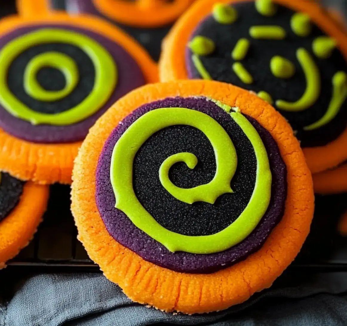 Close-up of colorful Halloween cookies with vivid orange, green, and purple icing swirls.