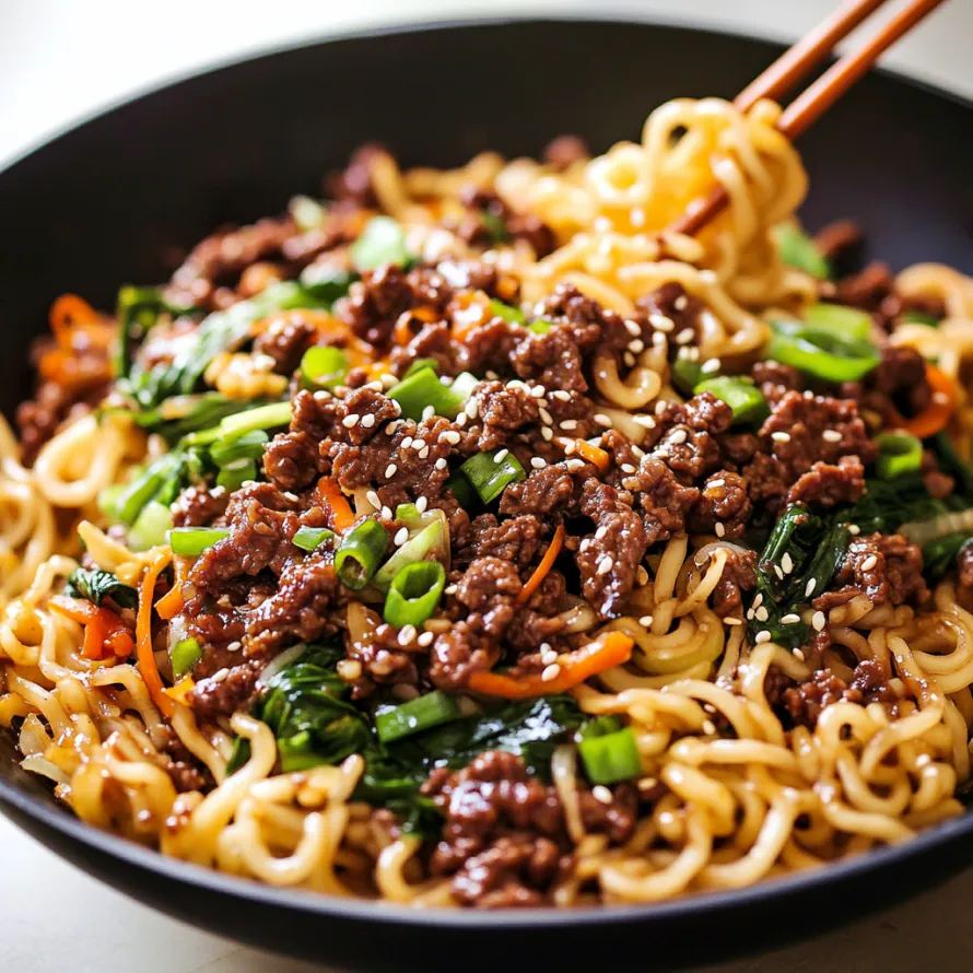 A bowl brimming with noodles, veggies, and beef.