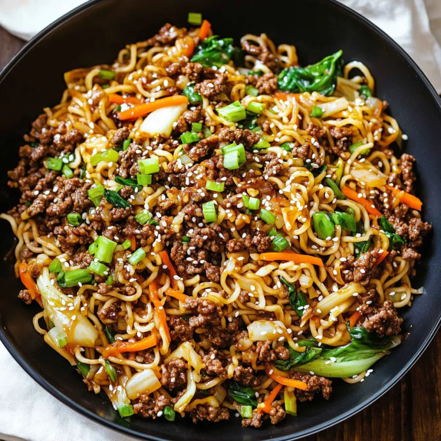 A bowl of noodles with meat and vegetables.