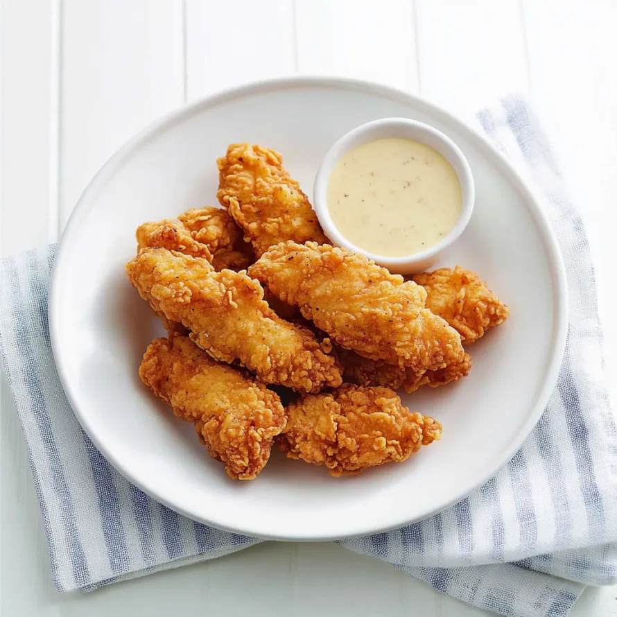 Crispy fried chicken on a plate with dipping sauce.