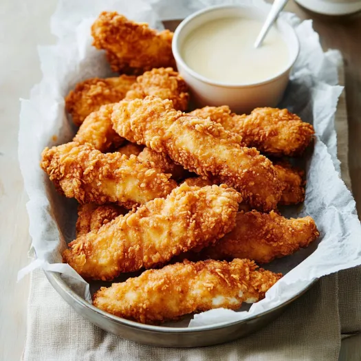 A bowl of fried chicken with a dipping sauce.