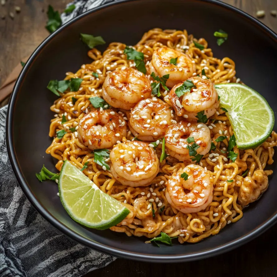 A bowl of noodles with shrimp.