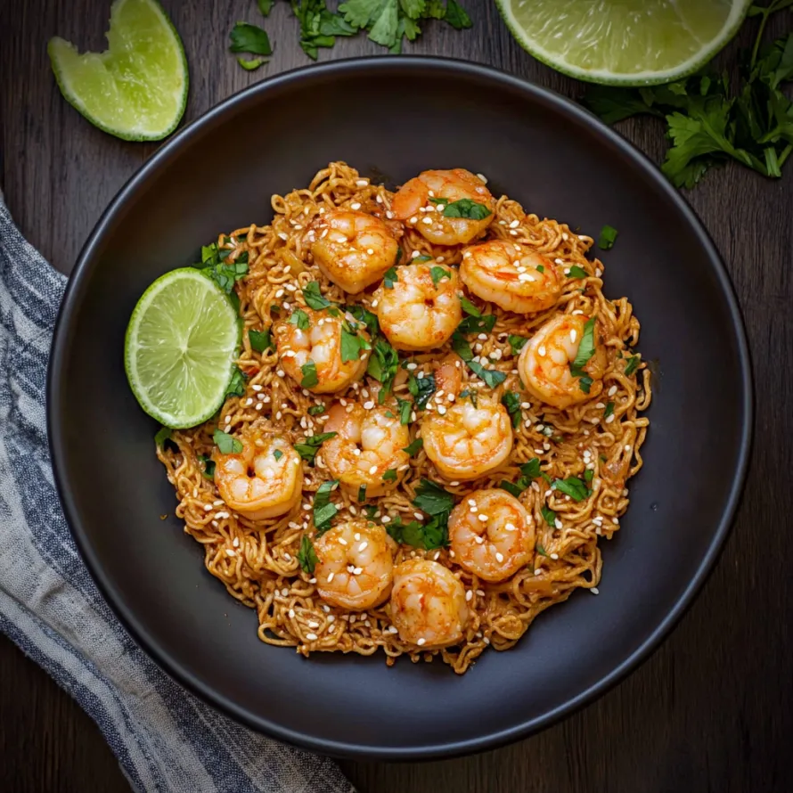 A bowl of shrimp and noodles.