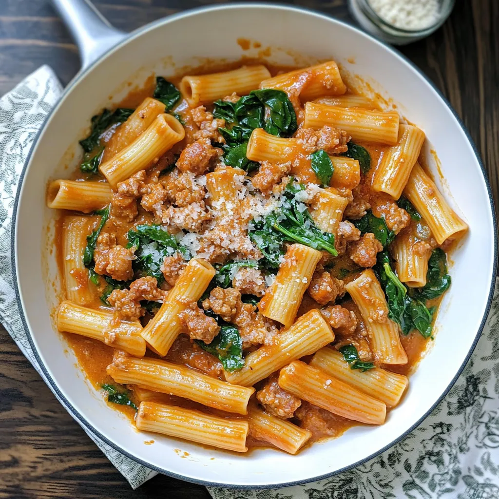 A bowl of pasta with meat and spinach.