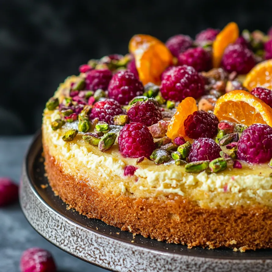 A slice of cake with raspberries and orange slices on top.