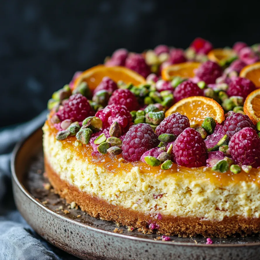A slice of cake with raspberries and orange slices on top.